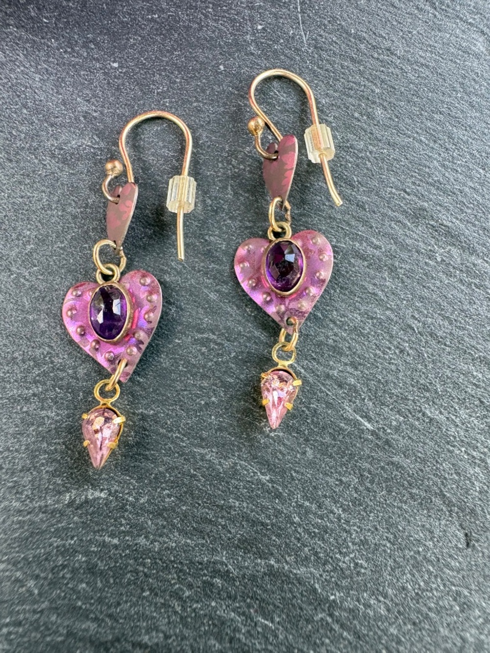 Vintage Holly Yashi Signed Niobium Heart Drop Earrings Amethyst Pink Crystal 90s - Picture 2 of 5